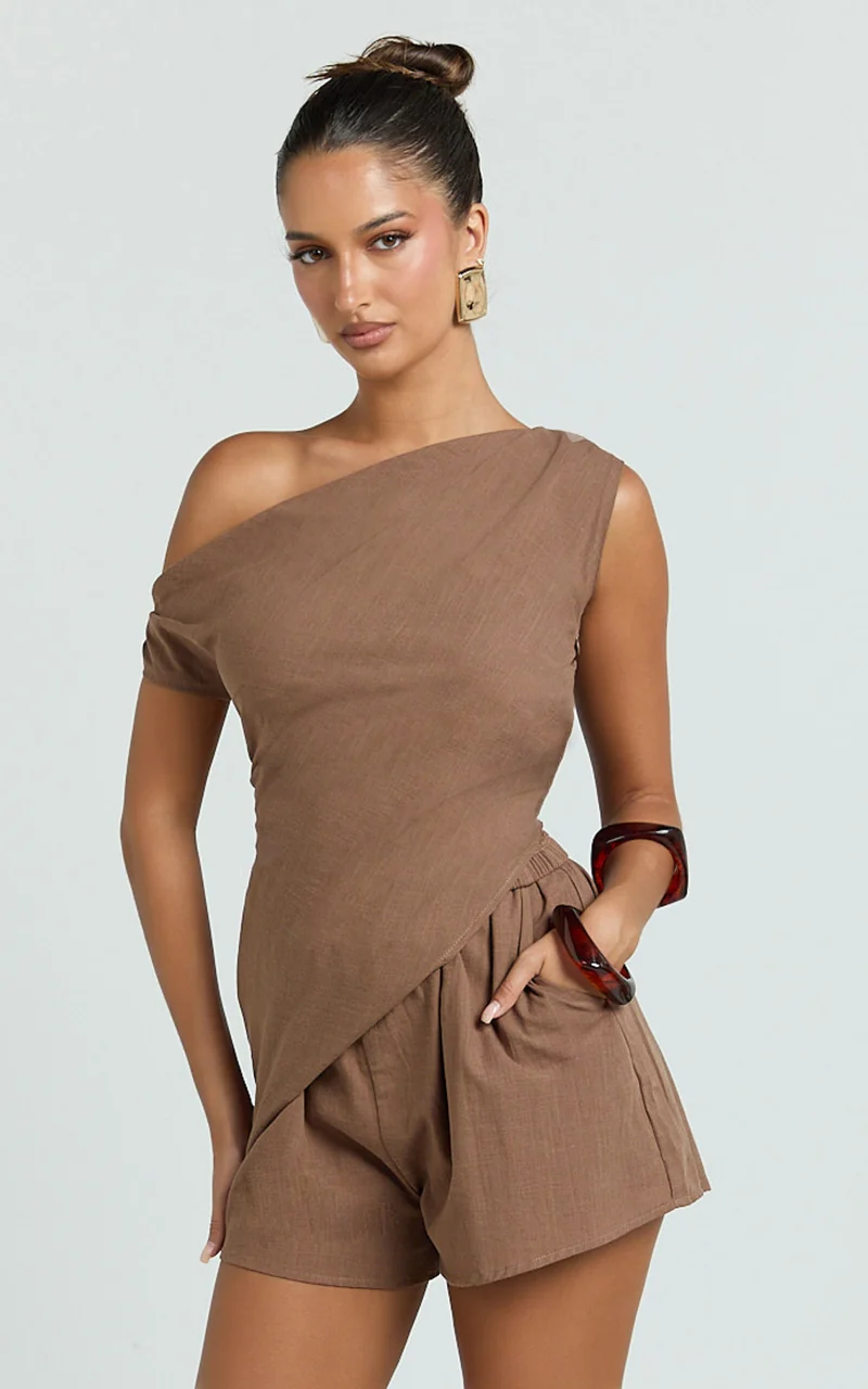Kate Two Piece Set - Asymmetrical One Shoulder Short Set in Chocolate