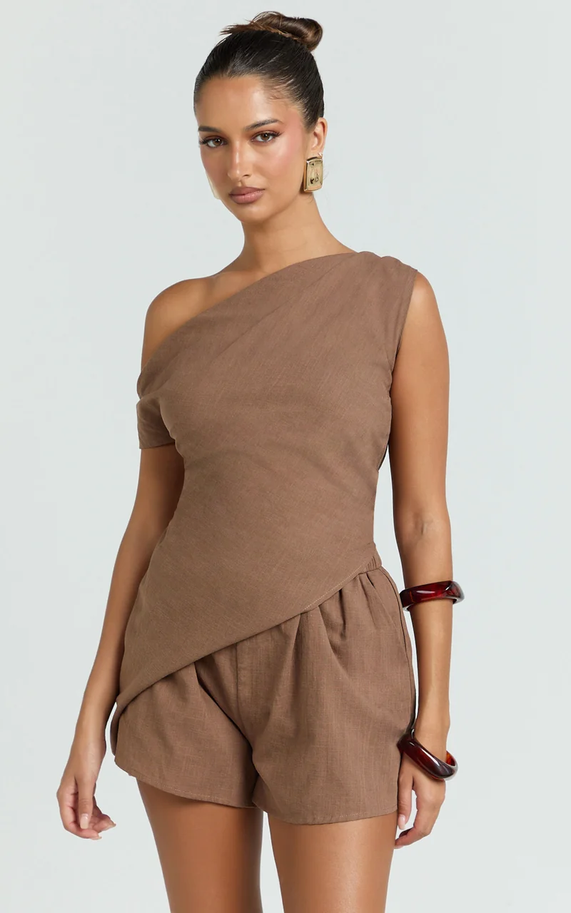 Kate Two Piece Set - Asymmetrical One Shoulder Short Set in Chocolate