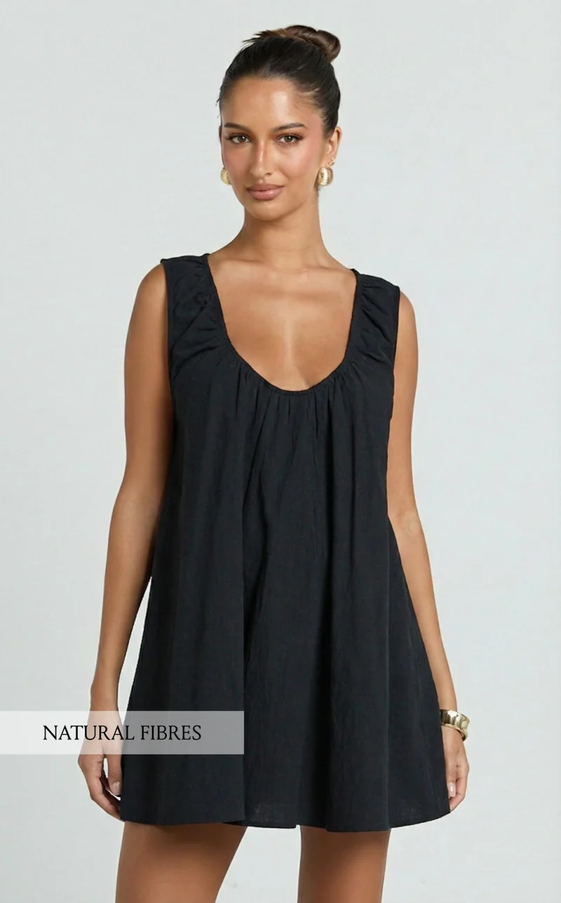 Lucinda Mini Dress - Deep U Gathered Neck Smock Dress in Black
