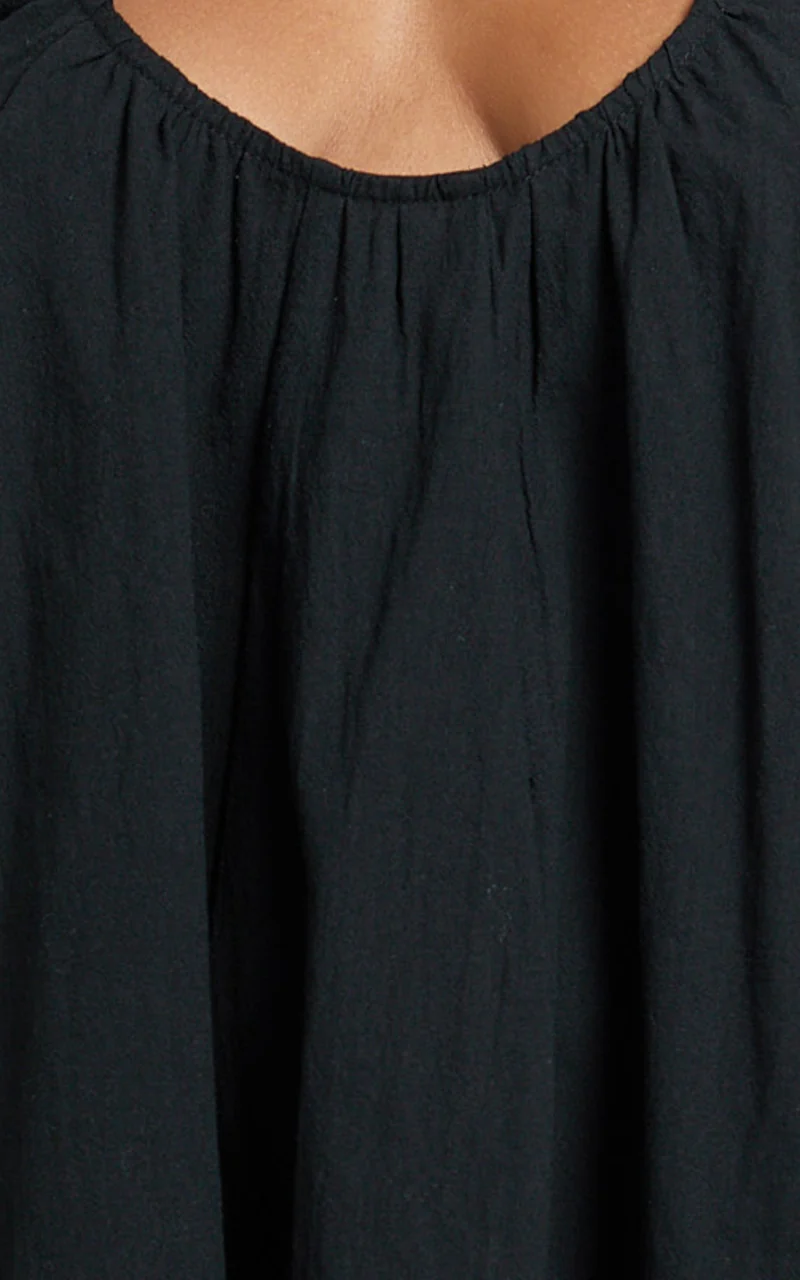 Lucinda Mini Dress - Deep U Gathered Neck Smock Dress in Black
