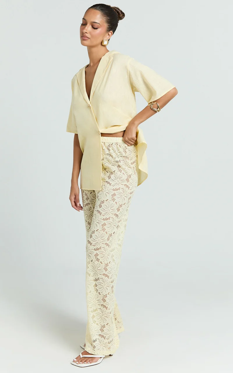 Jemma Two Piece Set - Relaxed Shirt and Lace Pants Set in Butter Yellow