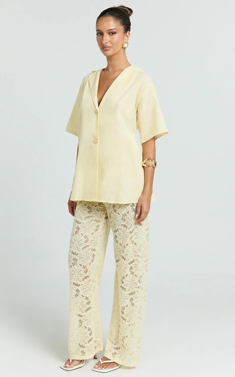 Jemma Two Piece Set - Relaxed Shirt and Lace Pants Set in Butter Yellow