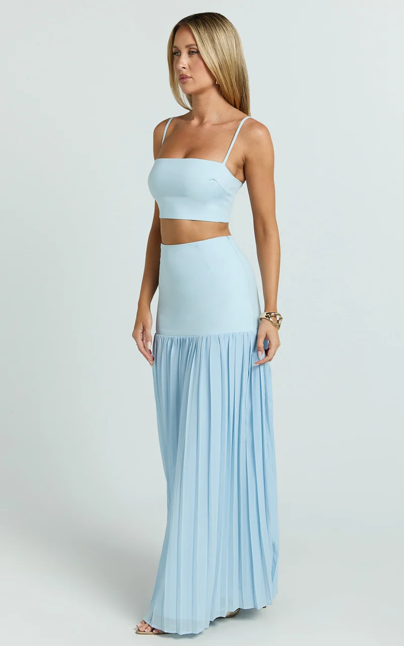 Evienne Two Piece Top and Maxi Skirt Set in Pale Blue