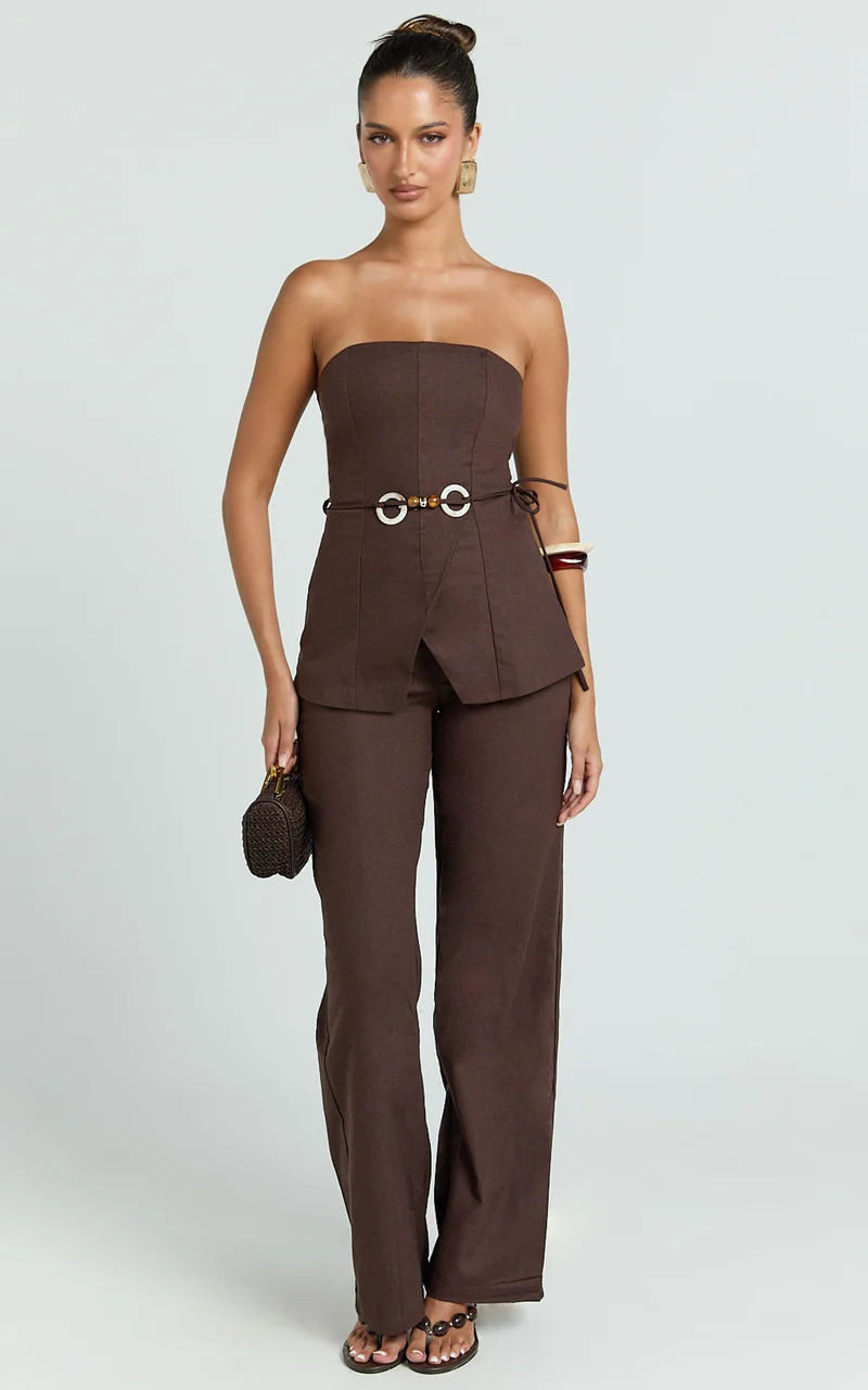 Goldie Top - Strapless Tie Waist Hardware Detail Top in Dark Chocolate