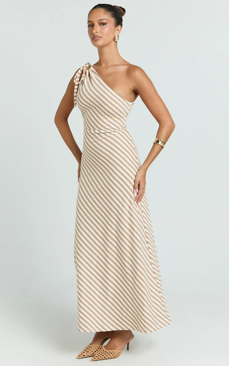 Dora Midi Dress - One Shoulder Dress in Beige