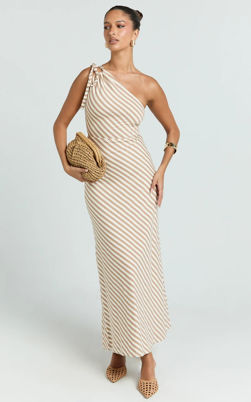 Dora Midi Dress - One Shoulder Dress in Beige