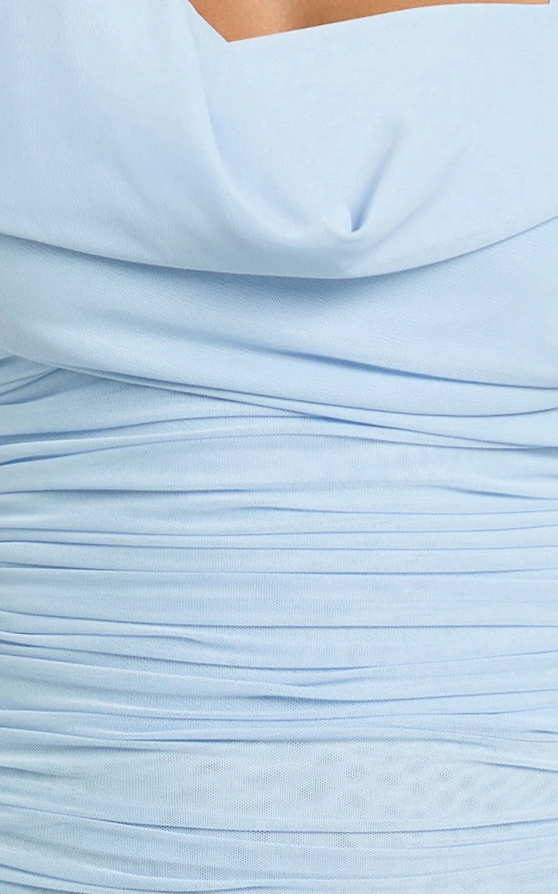 Larson Maxi Dress - Asymmetric Tie Neck Column Dress in Pale Blue