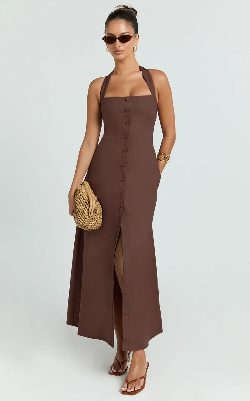 Marla Midi Dress - Square Neck Button Front Shift Dress in Chocolate