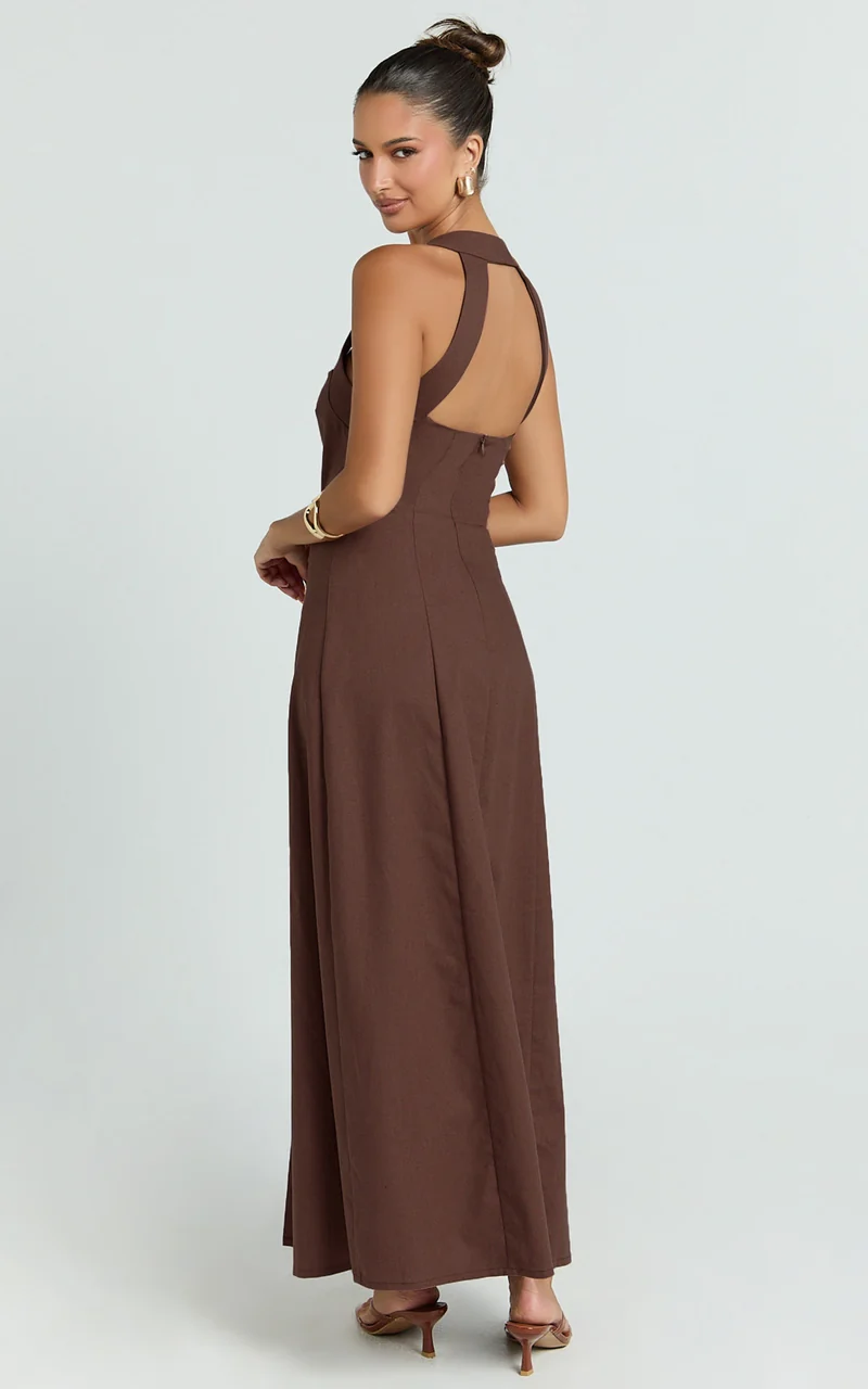 Marla Midi Dress - Square Neck Button Front Shift Dress in Chocolate