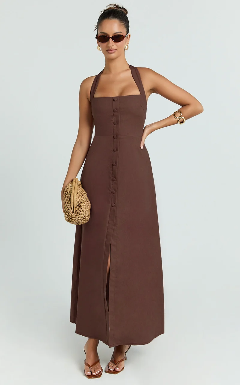 Marla Midi Dress - Square Neck Button Front Shift Dress in Chocolate