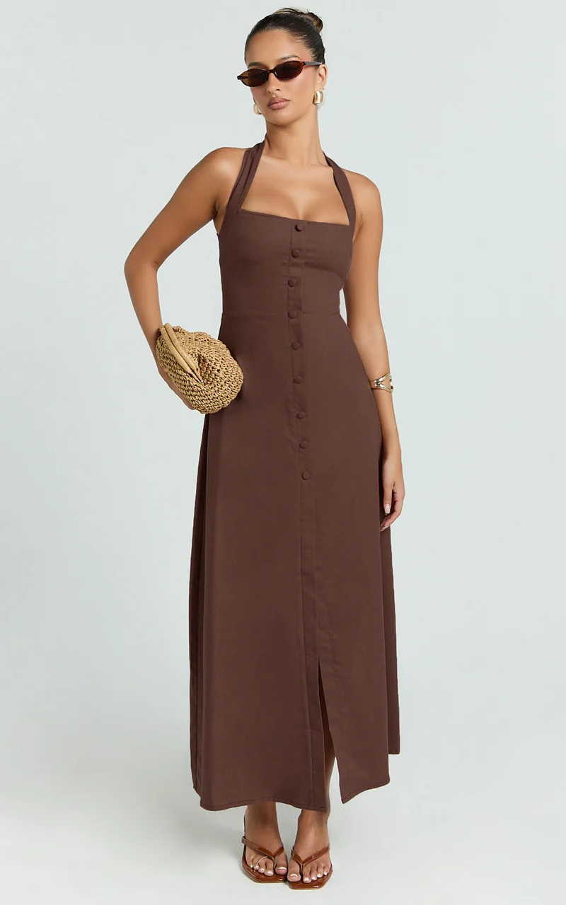 Marla Midi Dress - Square Neck Button Front Shift Dress in Chocolate