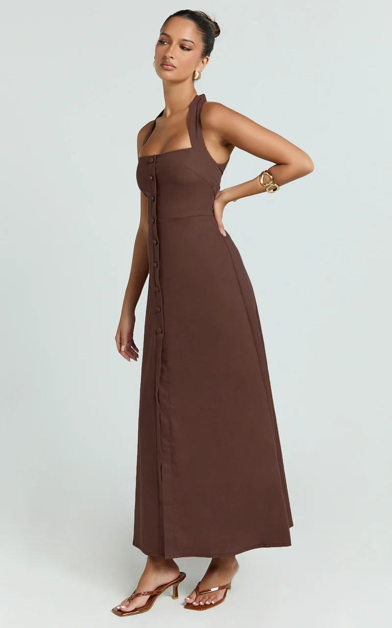 Marla Midi Dress - Square Neck Button Front Shift Dress in Chocolate