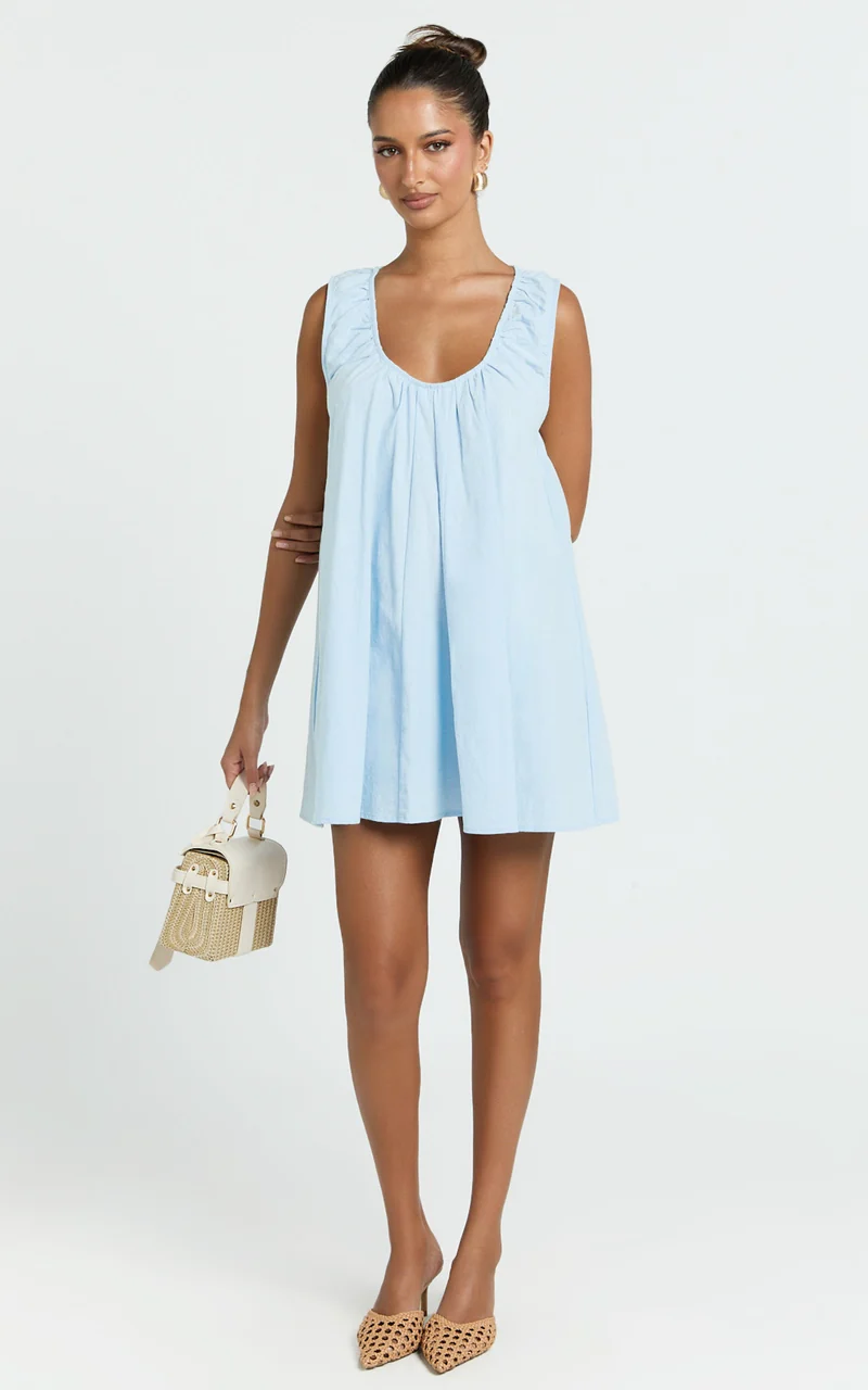 Lucinda Mini Dress - Deep U Gathered Neck Smock Dress in Pale Blue