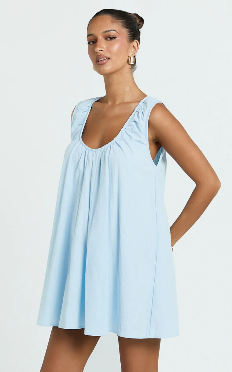 Lucinda Mini Dress - Deep U Gathered Neck Smock Dress in Pale Blue