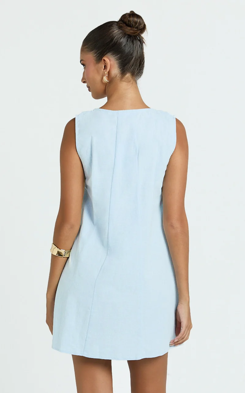Lucinda Mini Dress - Deep U Gathered Neck Smock Dress in Pale Blue