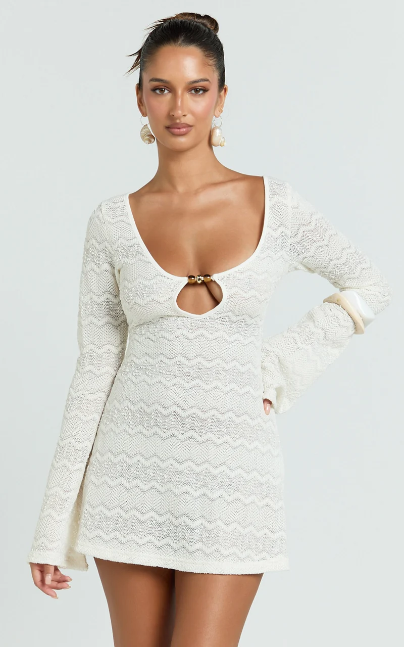 Bonnie Mini Dress - Beaded Keyhole Neckline Long Sleeve Dress in Ivory