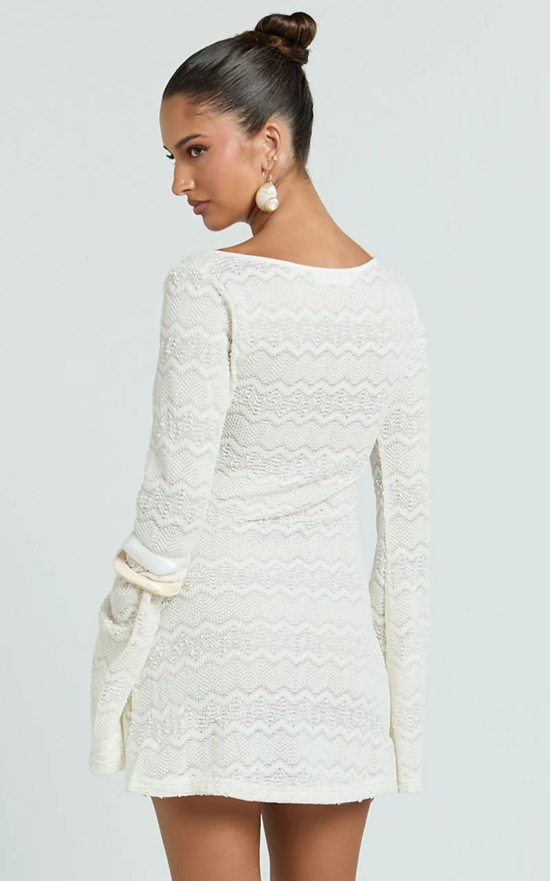 Bonnie Mini Dress - Beaded Keyhole Neckline Long Sleeve Dress in Ivory
