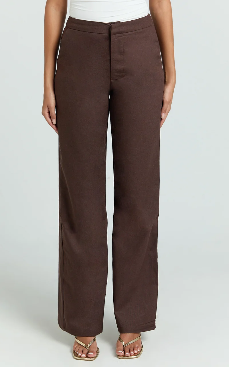 Goldie Pants - Mid Waisted Beaded Belt Tie Straight Leg Pants in Dark Chocolate