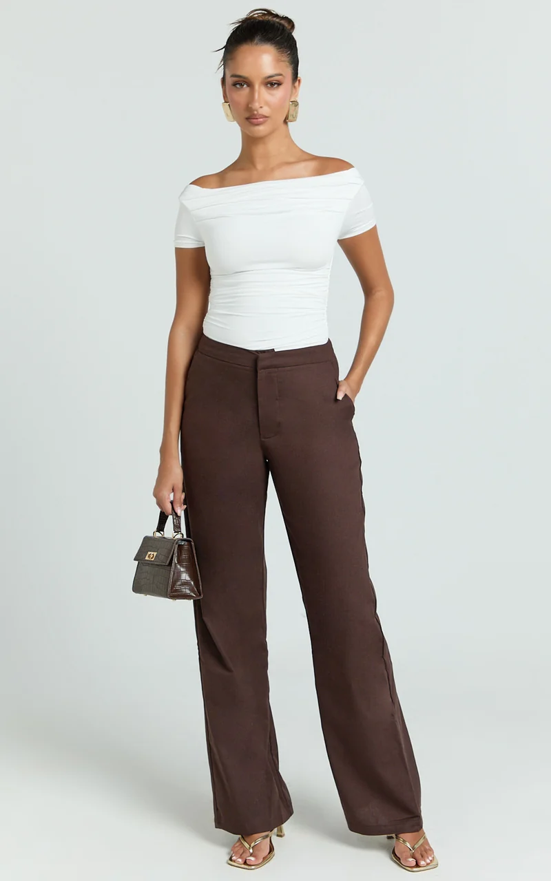 Goldie Pants - Mid Waisted Beaded Belt Tie Straight Leg Pants in Dark Chocolate