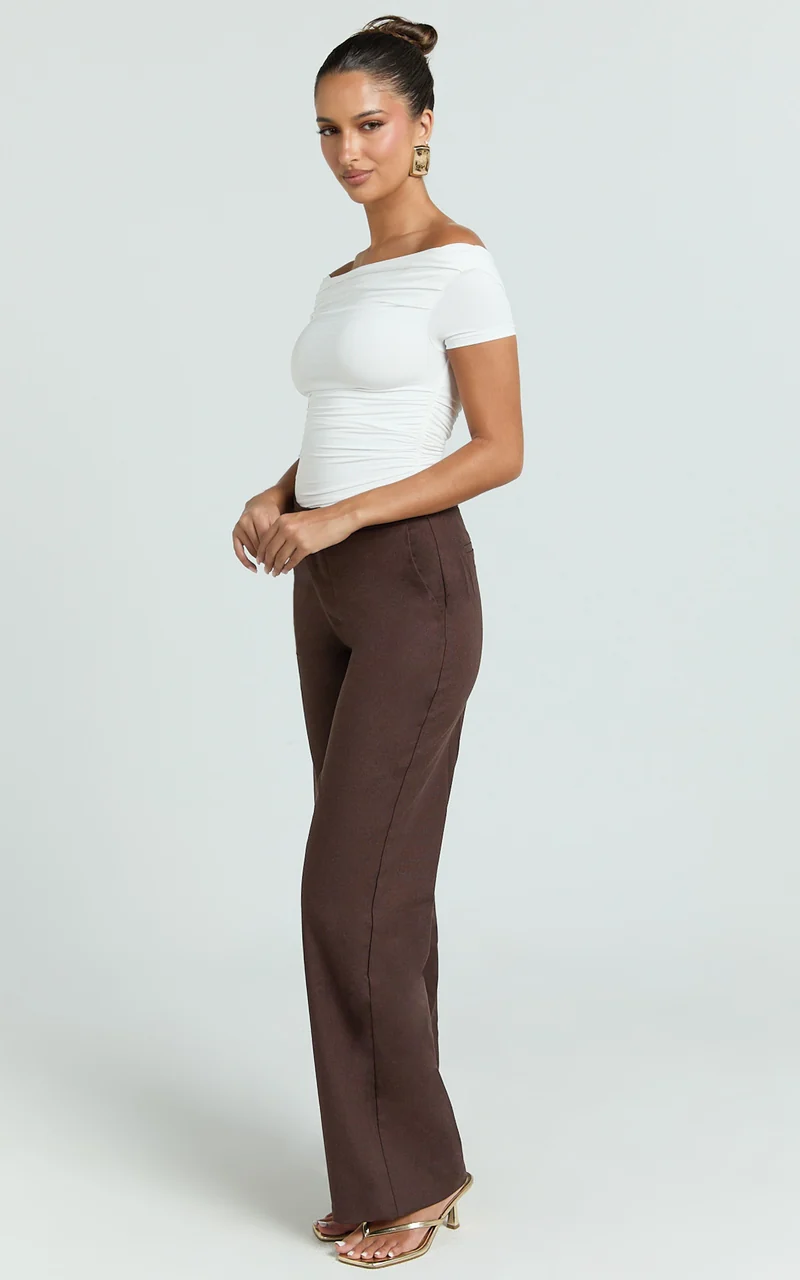 Goldie Pants - Mid Waisted Beaded Belt Tie Straight Leg Pants in Dark Chocolate