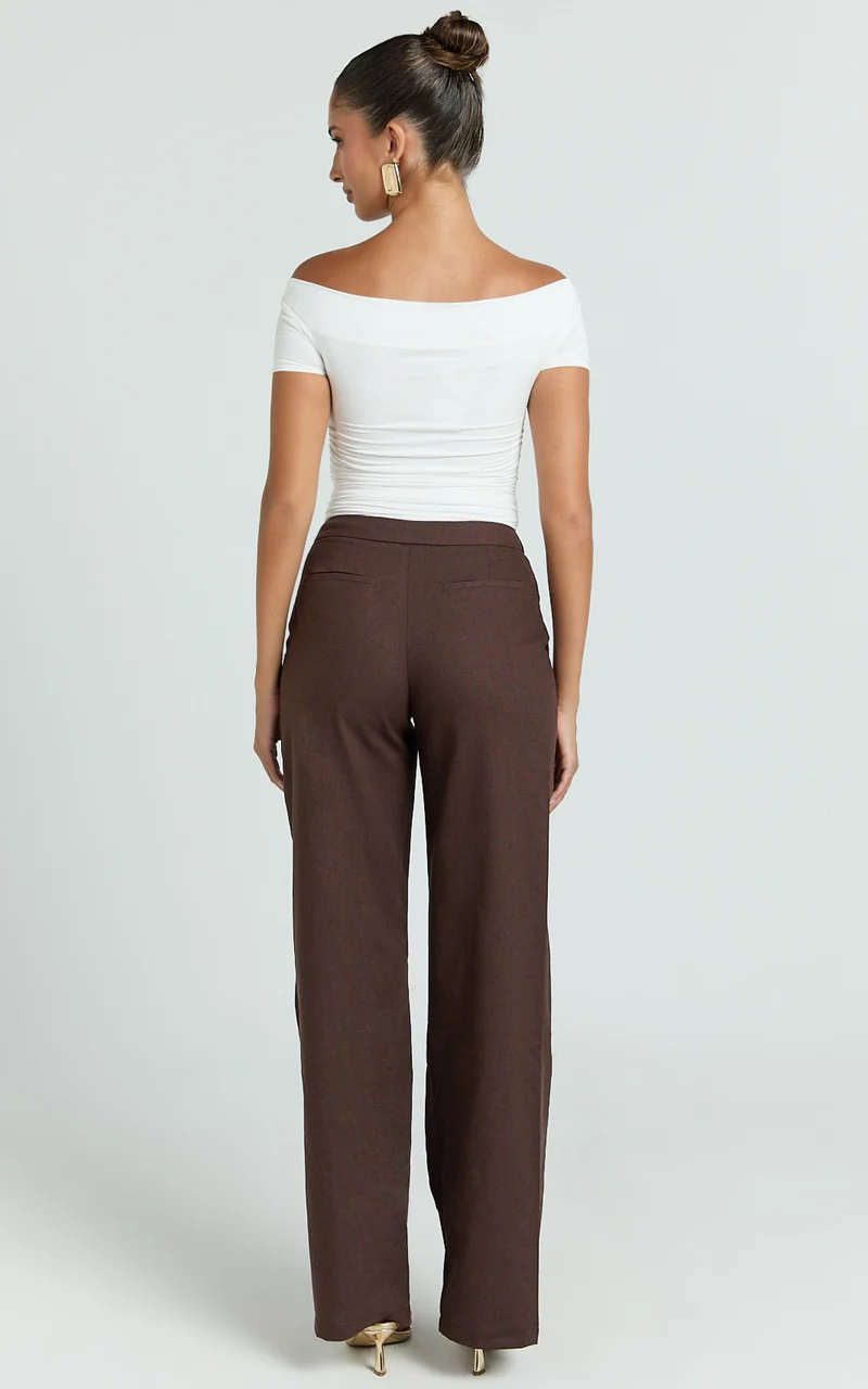 Goldie Pants - Mid Waisted Beaded Belt Tie Straight Leg Pants in Dark Chocolate