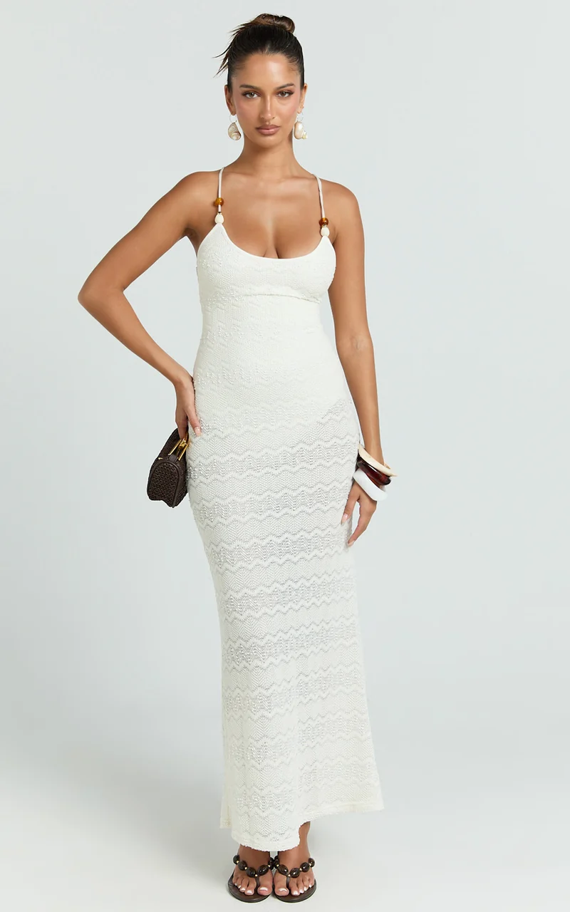 Bonnie Maxi Dress - Beaded Strap Detail Cross Tie Back Dress in Ivory
