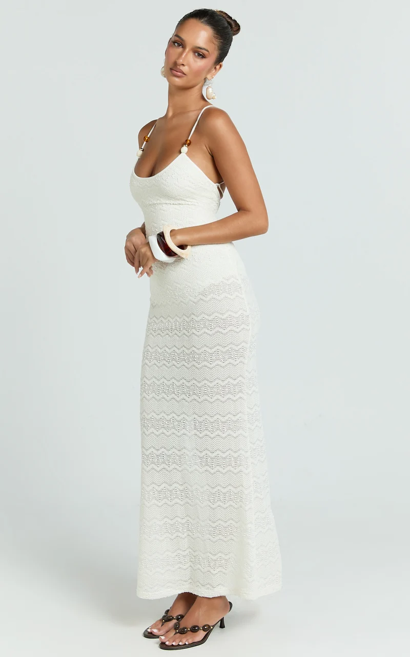 Bonnie Maxi Dress - Beaded Strap Detail Cross Tie Back Dress in Ivory