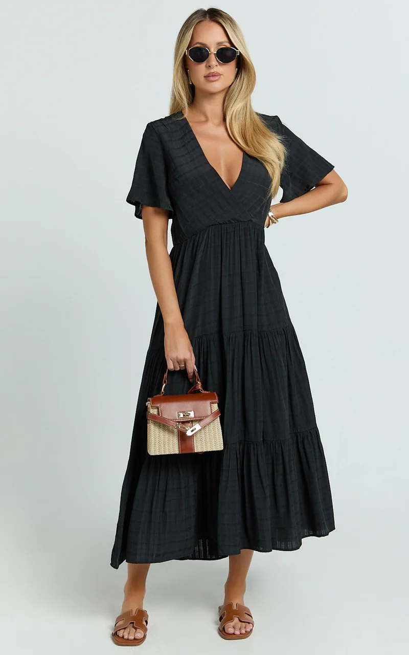 Cryzel Midi Dress - Flutter Sleeve Tiered Dress in Black