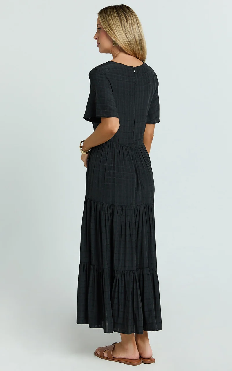 Cryzel Midi Dress - Flutter Sleeve Tiered Dress in Black