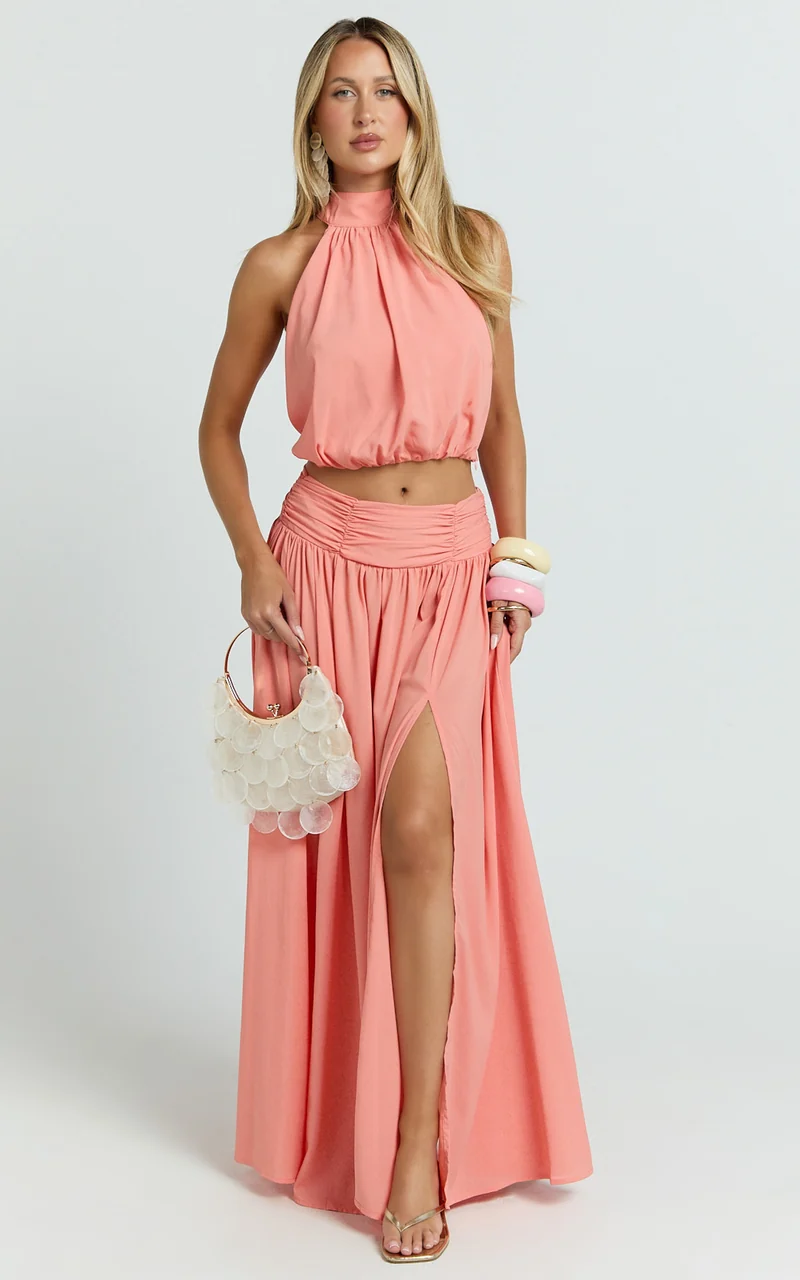 Melanie Maxi Skirt - Gathered Yoke Skirt in Grapefruit