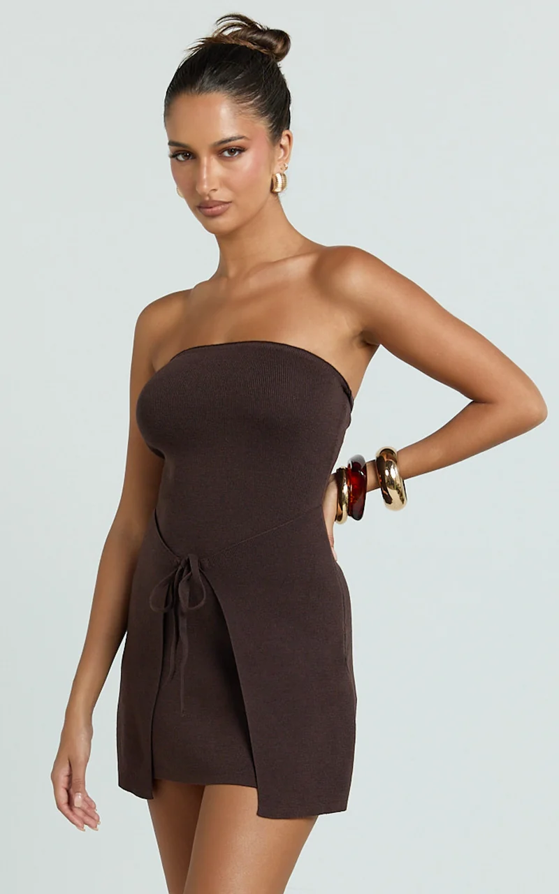 Chloe Mini Dress - Strapless Asymmetric Front Wrap Knit Dress in Chocolate