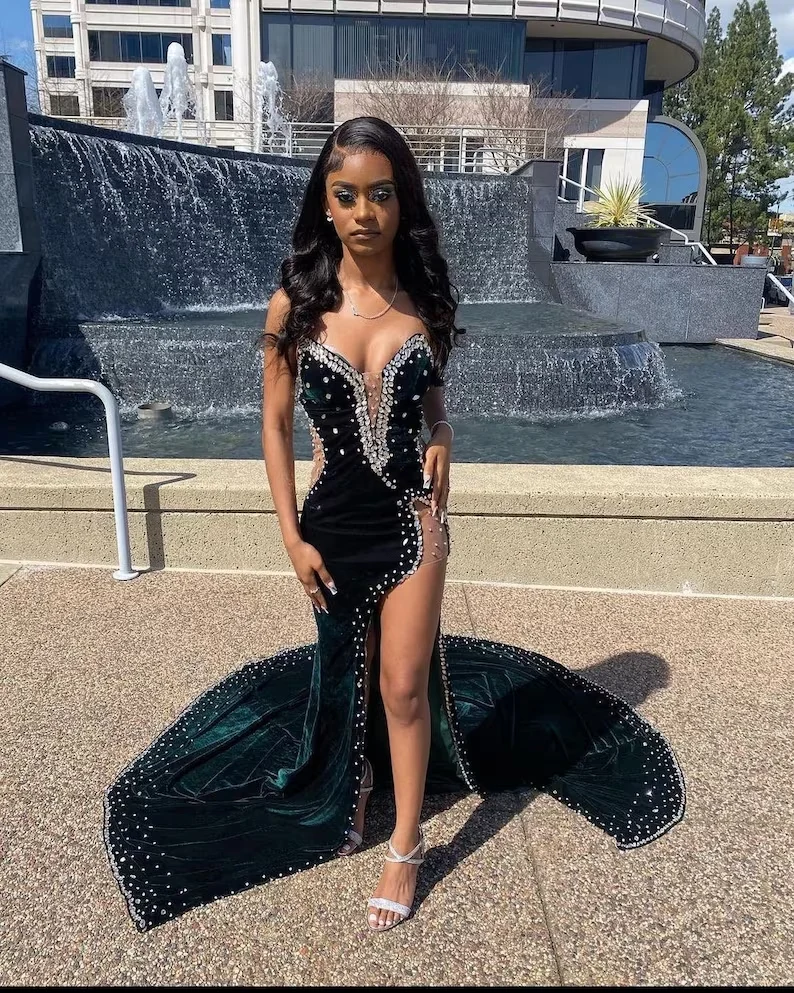Robe de bal fendue en velours pour réception de mariage ou demoiselle d'honneur