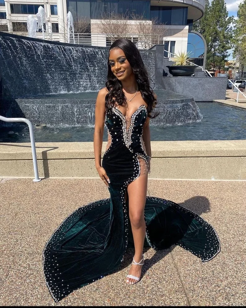 Robe de bal fendue en velours pour réception de mariage ou demoiselle d'honneur