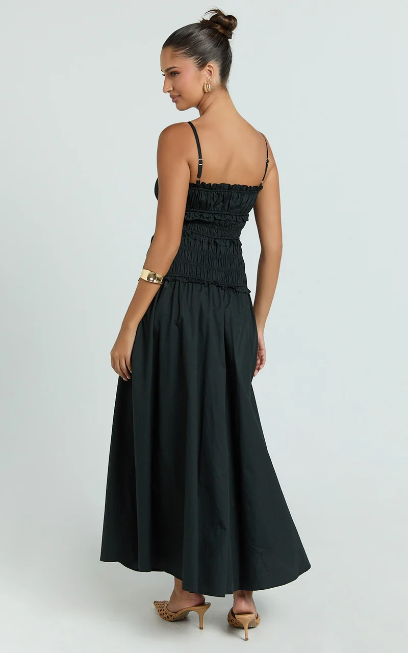Cami Midi Dress - Rushed Bodice Dress in Black
