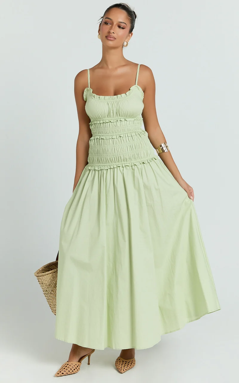 Cami Midi Dress - Rushed Bodice Dress in Sage
