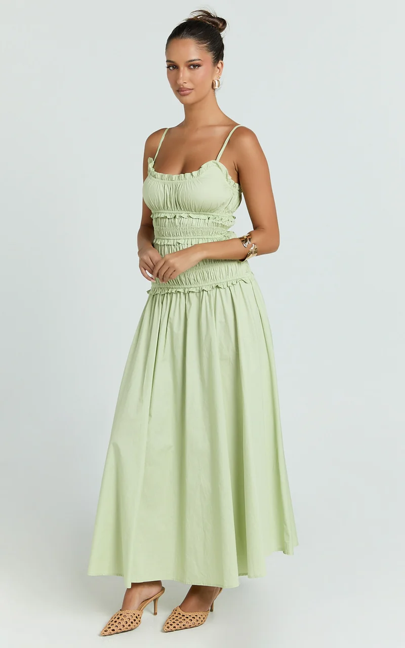 Cami Midi Dress - Rushed Bodice Dress in Sage