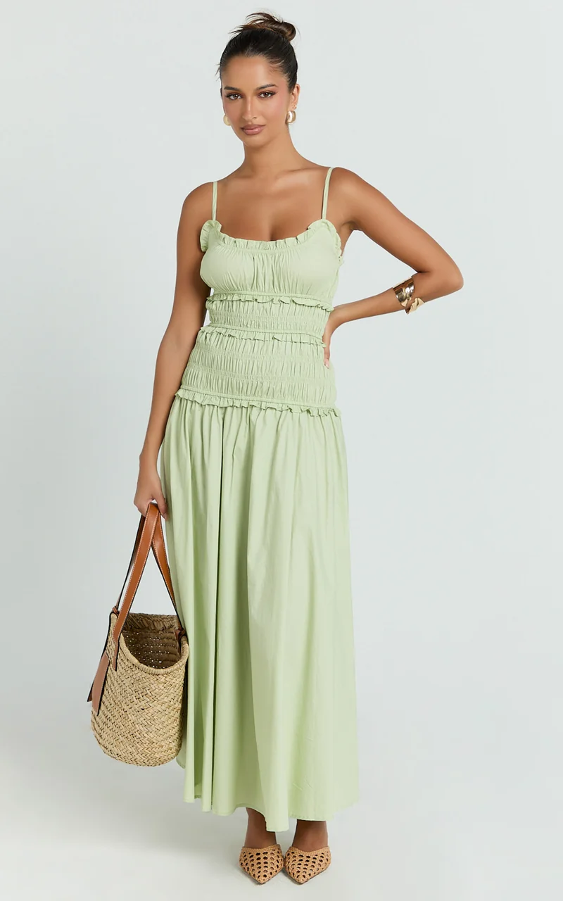Cami Midi Dress - Rushed Bodice Dress in Sage