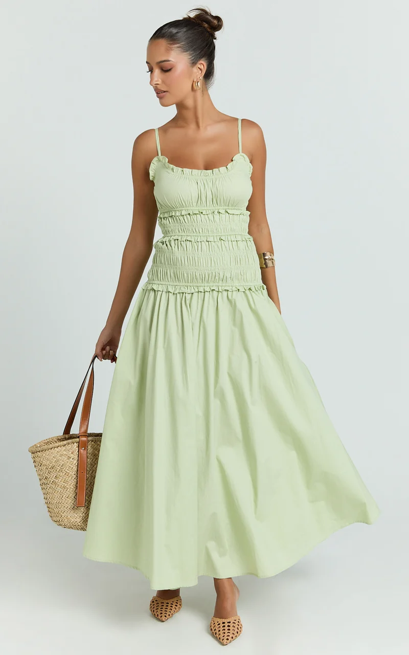 Cami Midi Dress - Rushed Bodice Dress in Sage