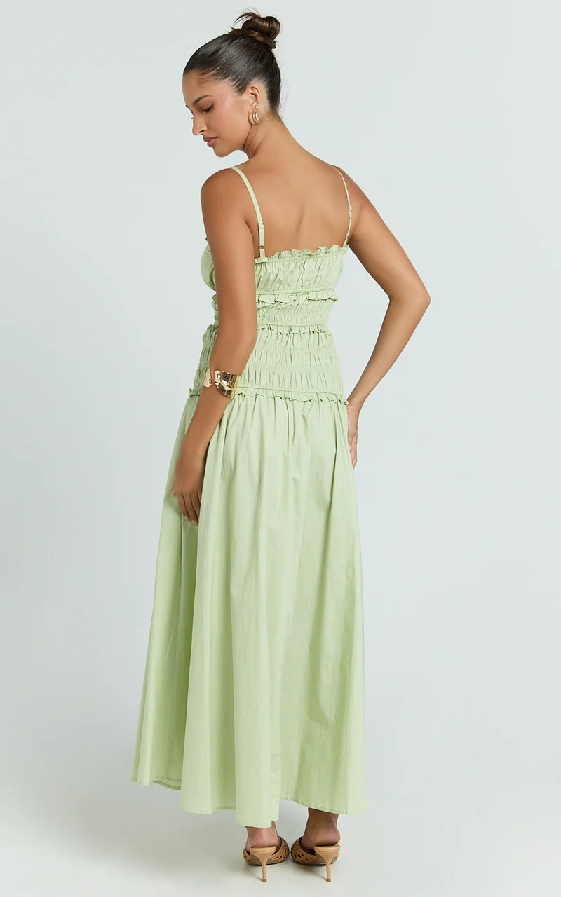 Cami Midi Dress - Rushed Bodice Dress in Sage