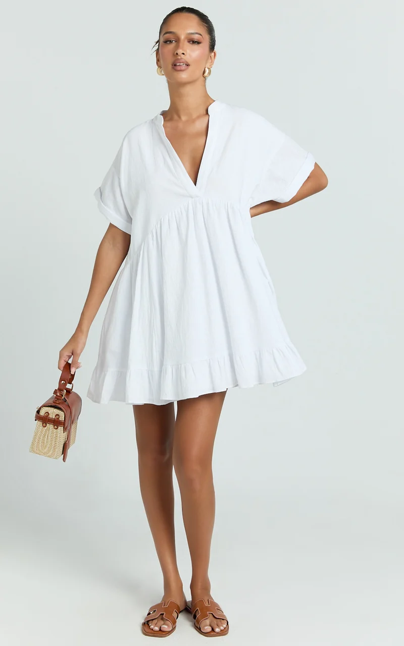 Calissa Mini Dress - Frill Hem Smock Dress in White