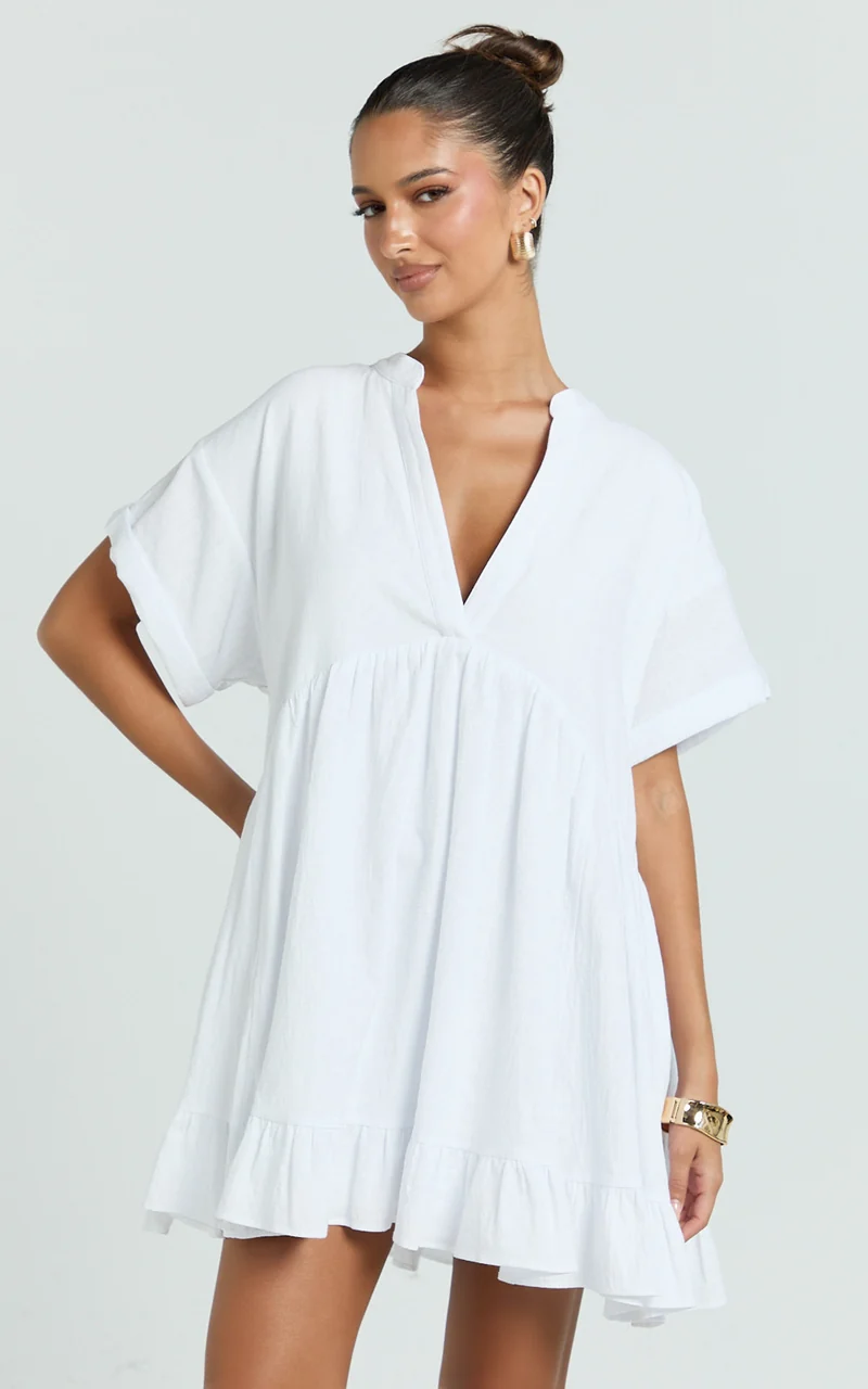 Calissa Mini Dress - Frill Hem Smock Dress in White