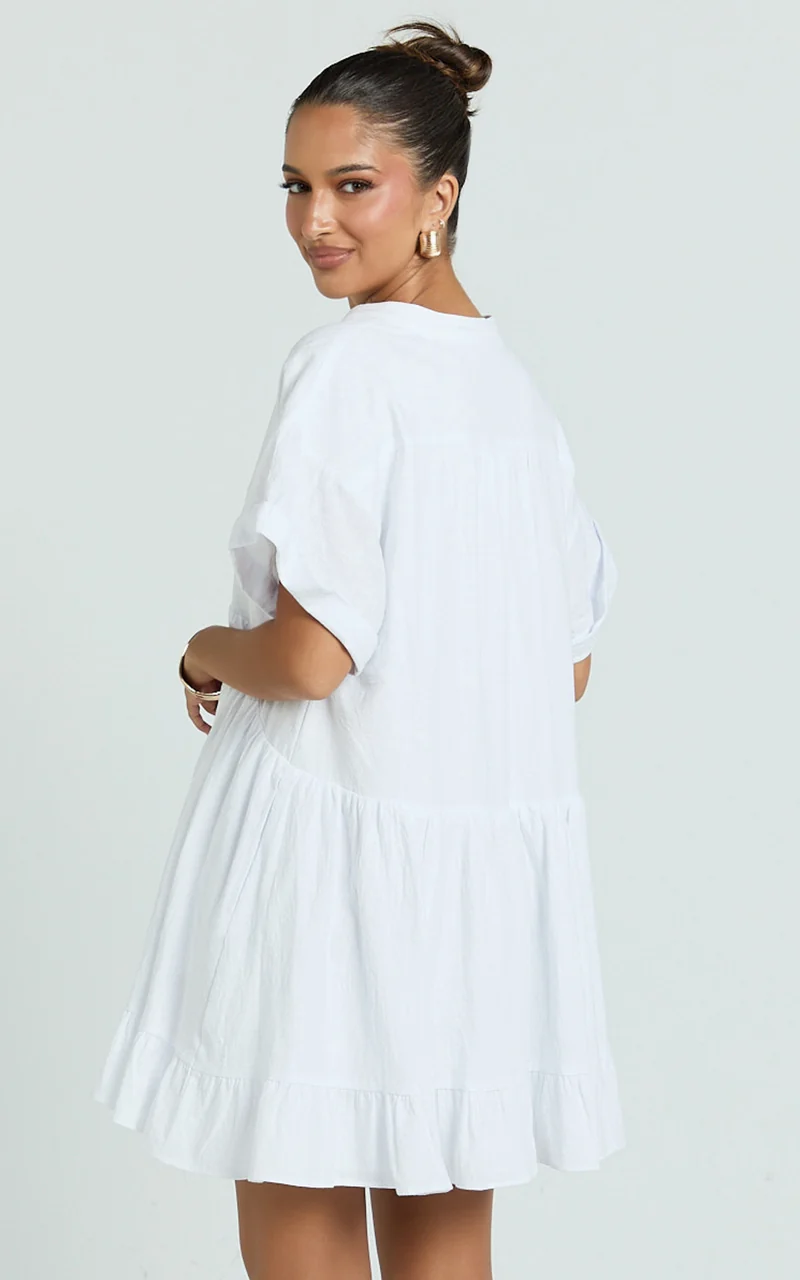 Calissa Mini Dress - Frill Hem Smock Dress in White