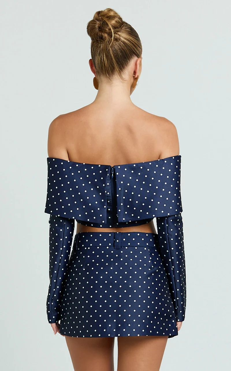 Lana Mini Skirt - Structured Tailored Skirt in Navy/White Polka Dot