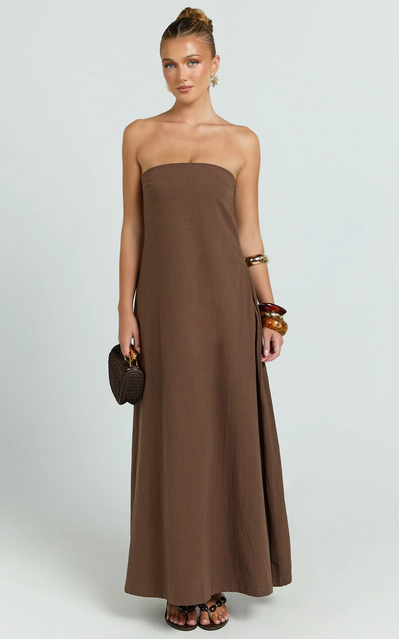 Emmie Midi Dress - Strapless Trapeze Dress in Chocolate