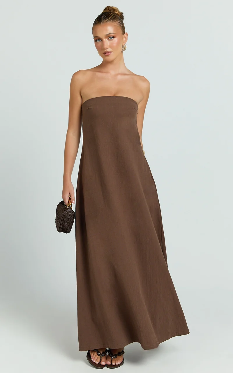 Emmie Midi Dress - Strapless Trapeze Dress in Chocolate