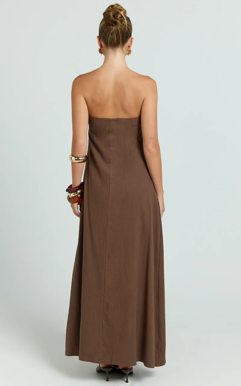 Emmie Midi Dress - Strapless Trapeze Dress in Chocolate