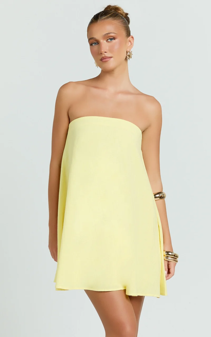 Emmie Mini Dress - Strapless Trapeze Mini Dress in Lemon