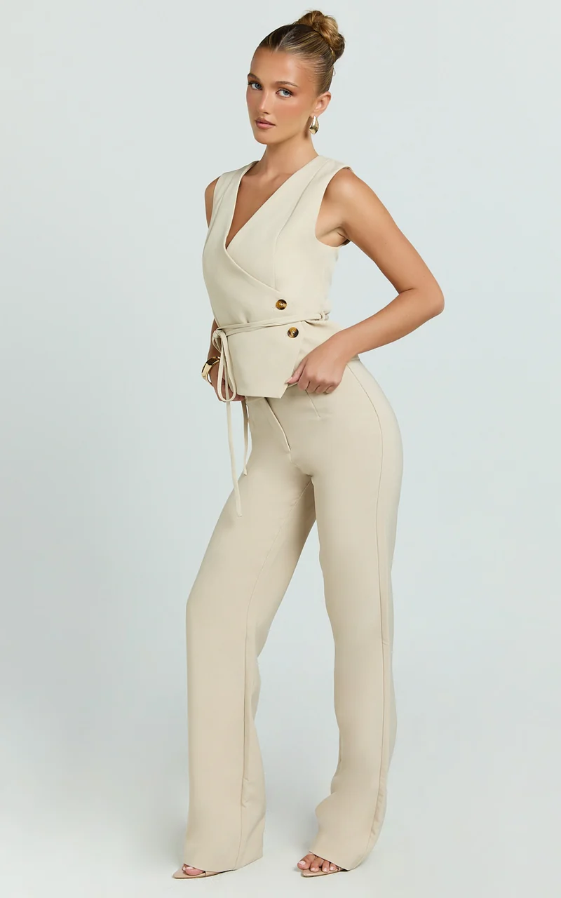 Hera Top - V Neck Vest Top With Tie Waist in Putty