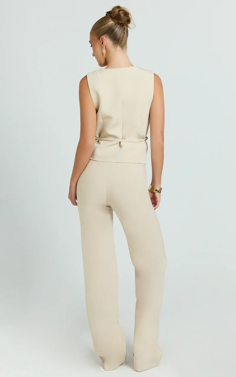 Hera Top - V Neck Vest Top With Tie Waist in Putty