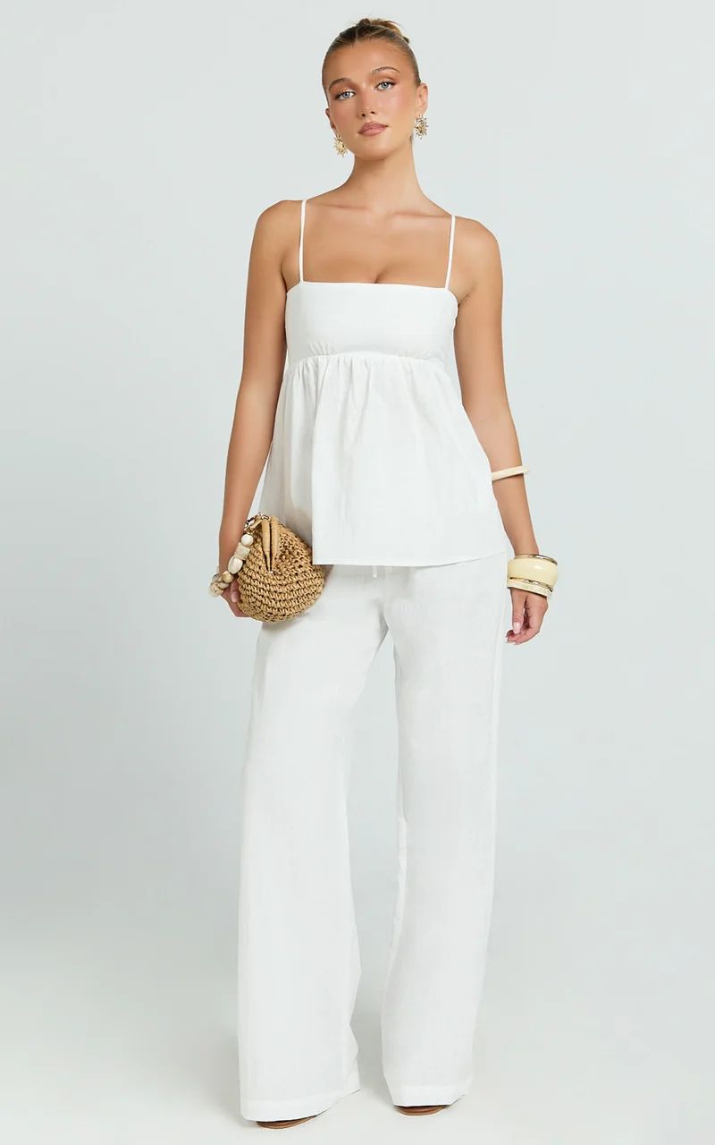 Valerie Two Piece Top and Pants Set - Baby Doll Top And Relaxed Pants Set in Off White